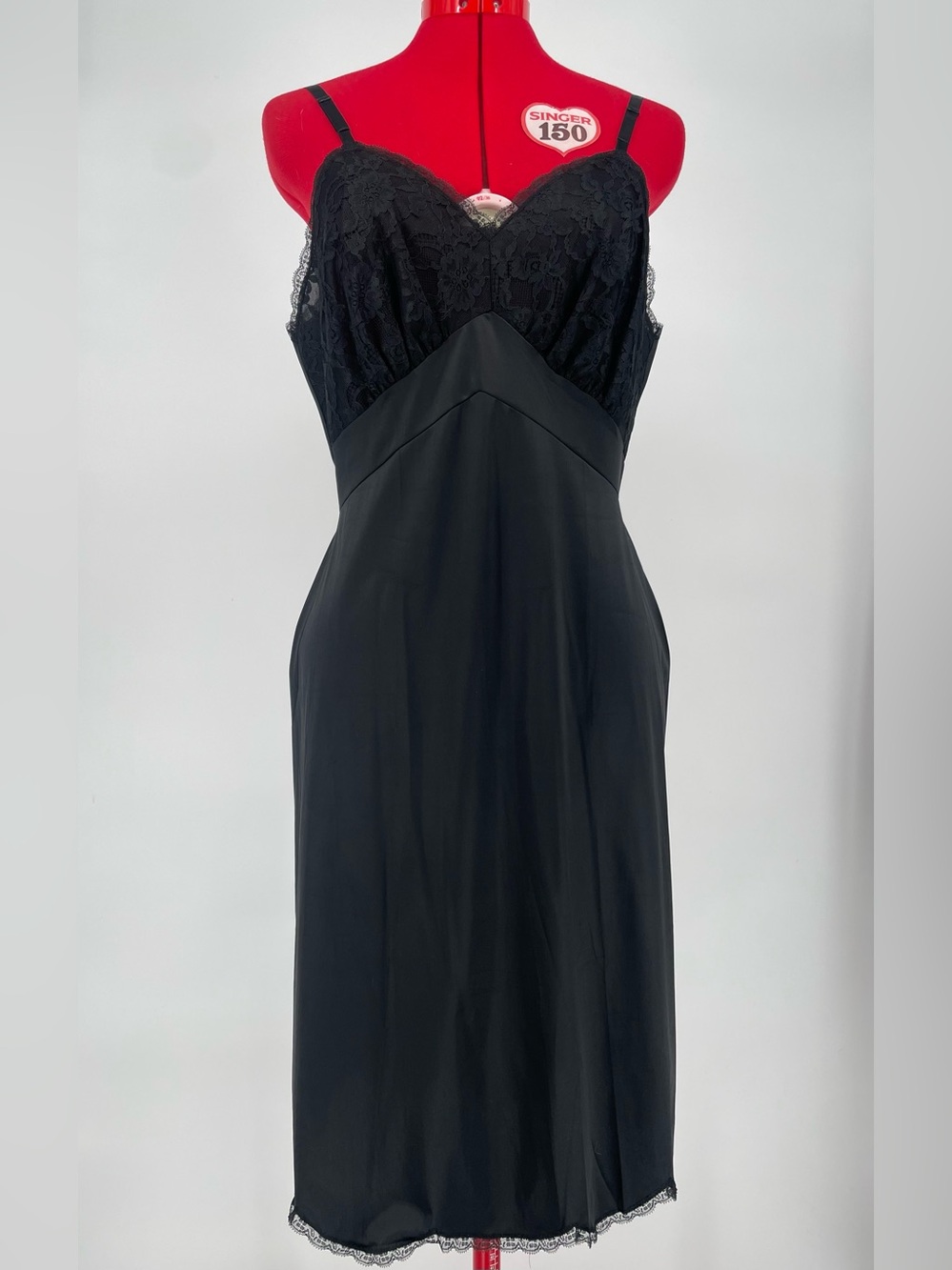 Vintage Black Vanity Fair Nylon Full Slip With Scalloped Hem & Lace Accents
